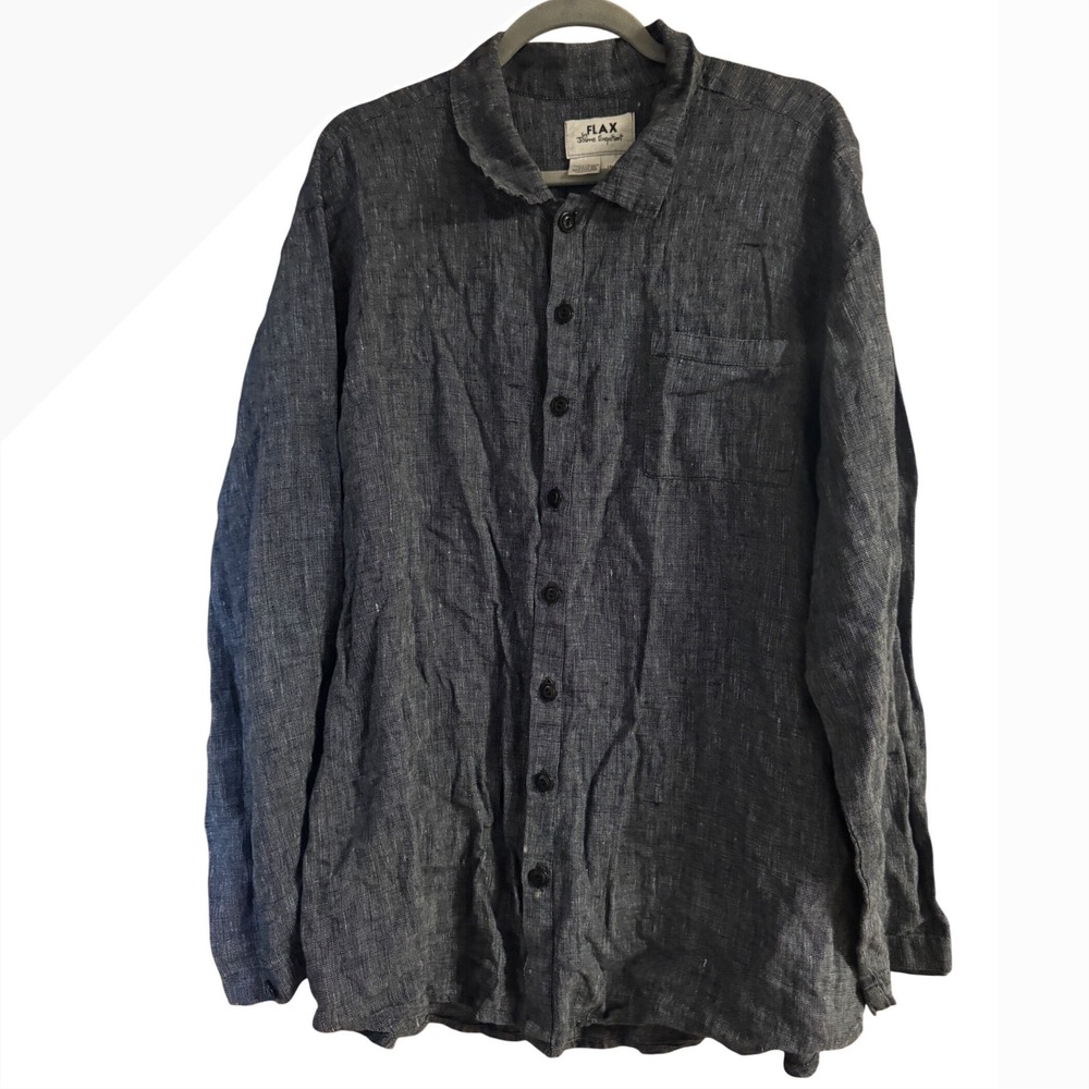 Flax Jeanne Engelhart Mens Medium Linen Button Down Shirt Charcoal Gray Long Slv